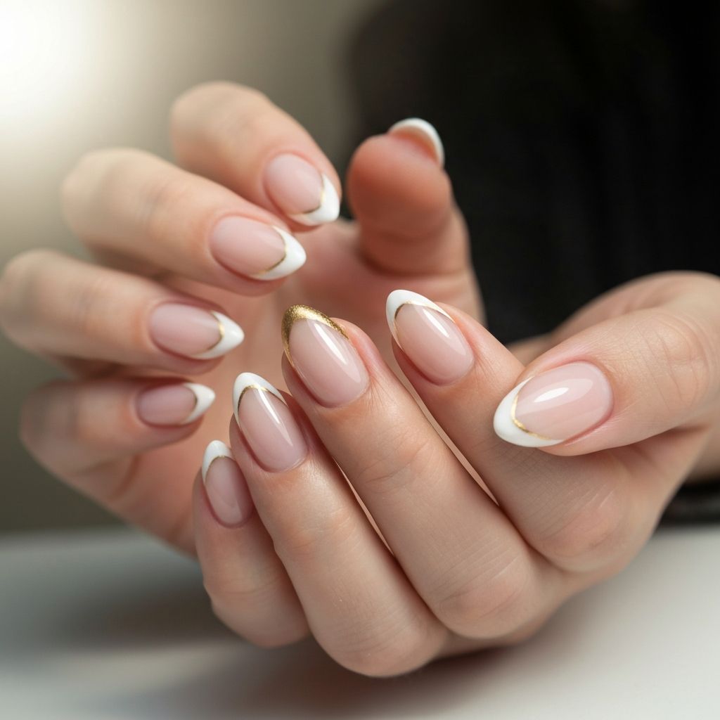 Franču manikīrs — baltais un zeltainais
